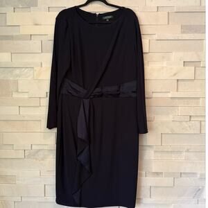 LAUREN RALPH LAUREN Faux Wrap Boatneck Satin Trim Midi Party Dress Navy Blue 16